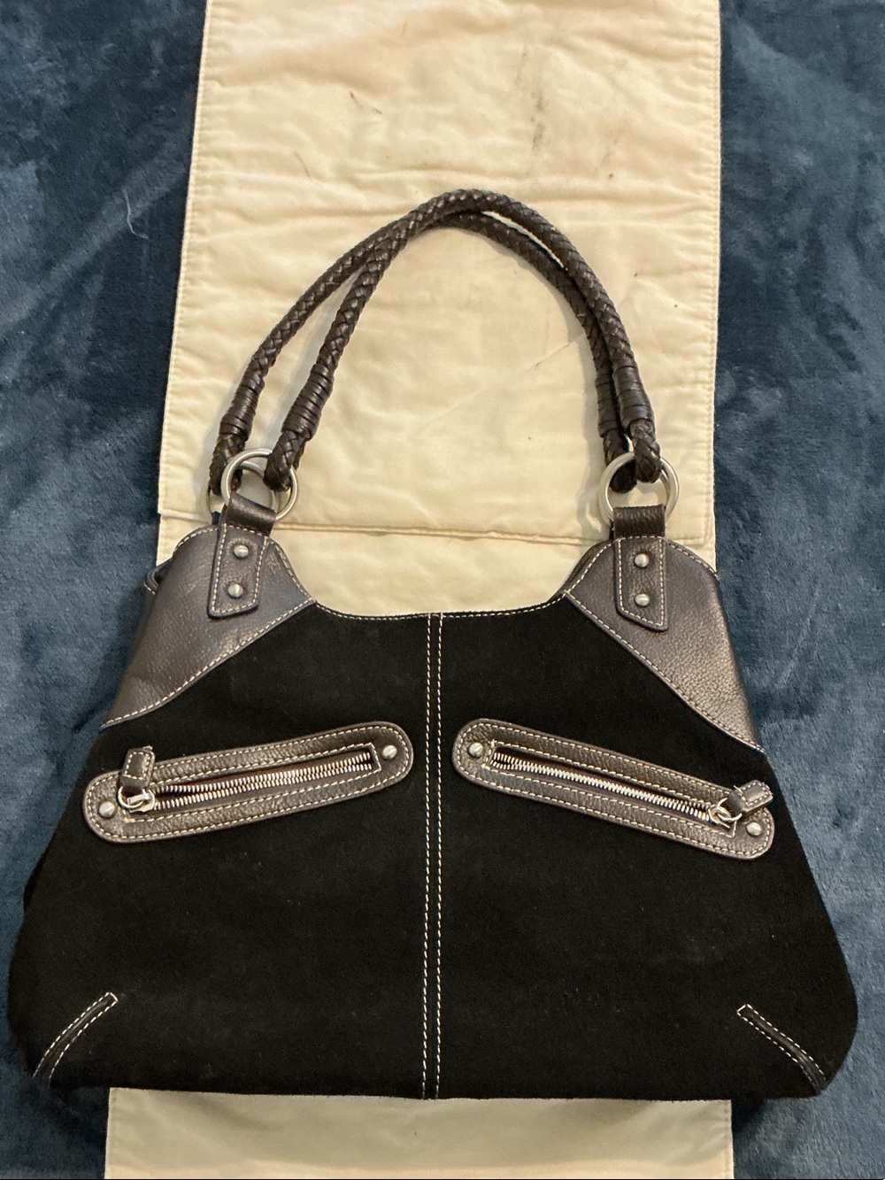 Coldwater Creek Black Suede Shoulder Bag with Pewter Trim